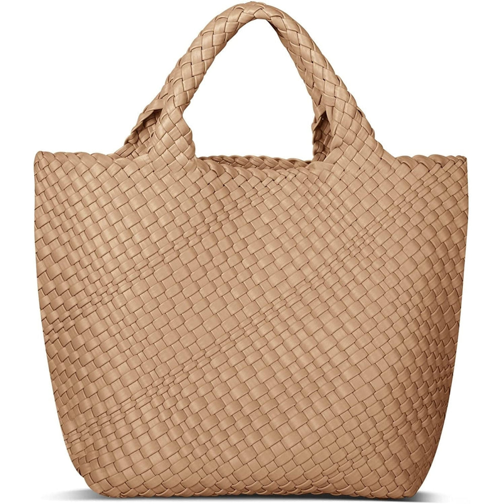 Womens Vegan Leather Woven Bag with PurseFashion Handmade Beach Tote Bag Top-handle Handbag Image 2