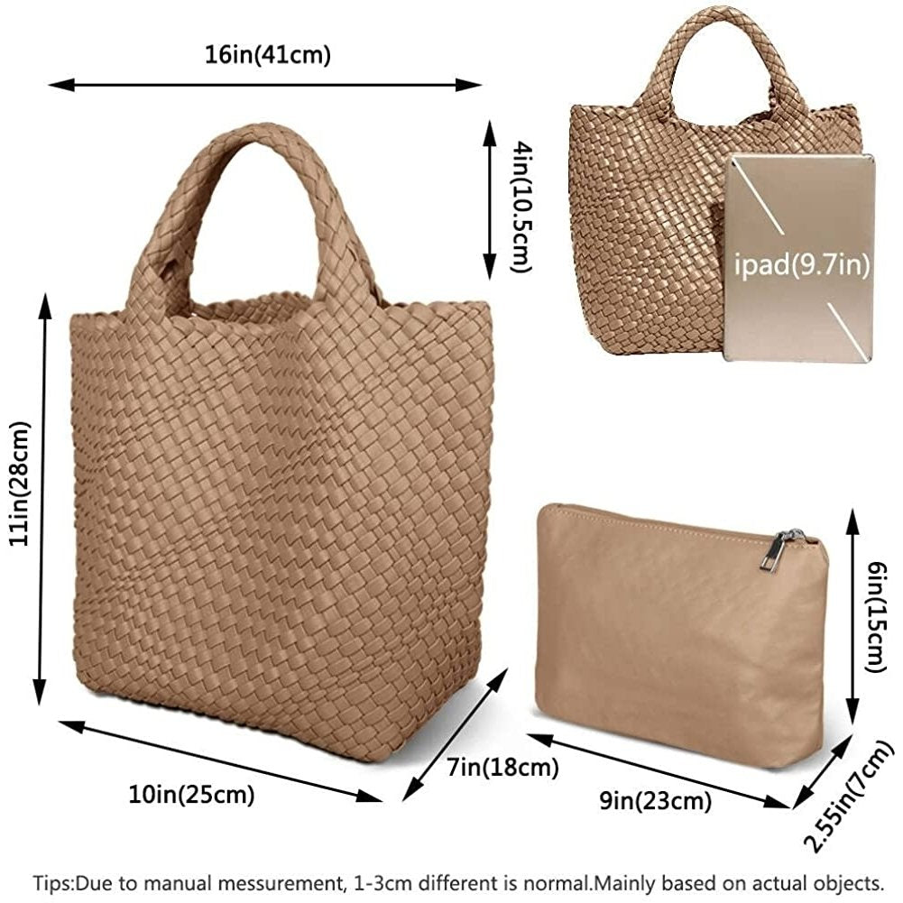 Womens Vegan Leather Woven Bag with Purse Fashion Handmade Beach Tote Bag Top-handle Handbag Image 4