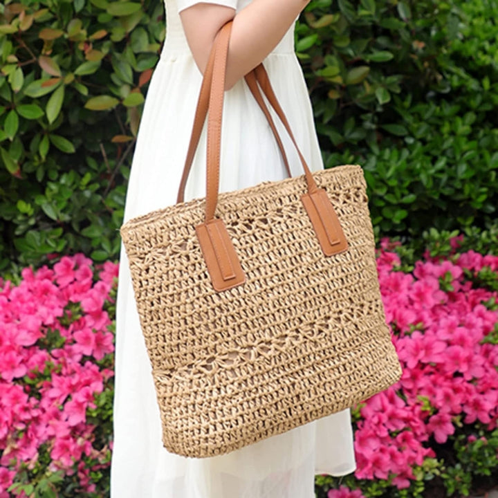 Straw Bag for Women Woven Beach Structured Tote Handmade Crochet Carteras De Mujer Summer Shoulder Bohemian Hobo Pom Image 7