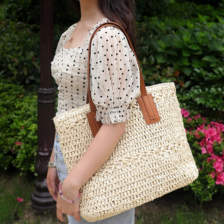 Straw Bag for Women Woven Beach Structured Tote Handmade Crochet Carteras De Mujer Summer Shoulder Bohemian Hobo Pom Image 9