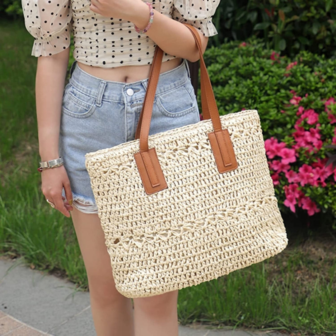 Straw Bag for Women Woven Beach Structured Tote Handmade Crochet Carteras De Mujer Summer Shoulder Bohemian Hobo Pom Image 10