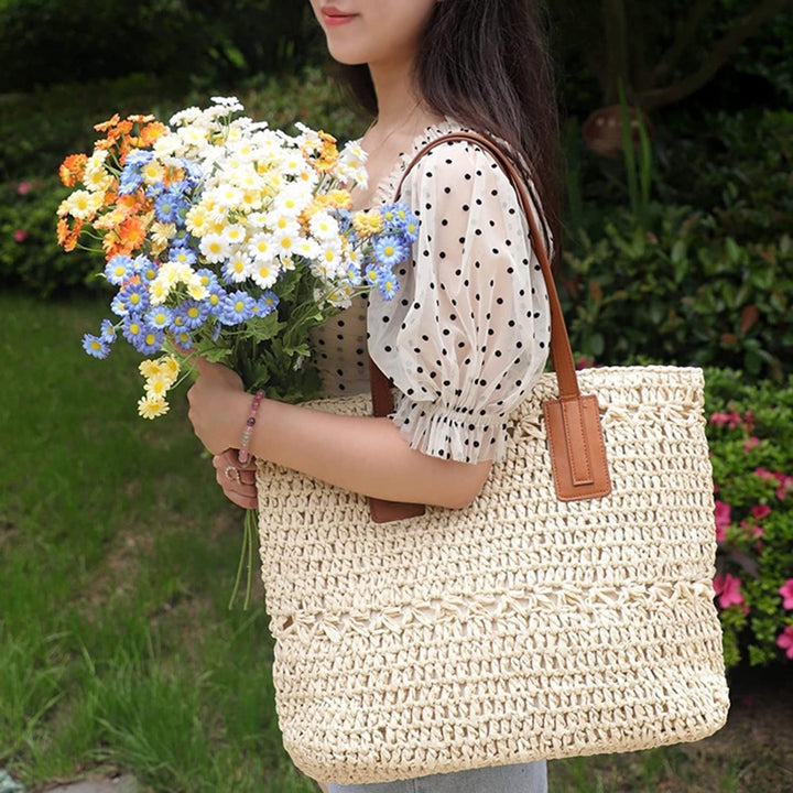 Straw Bag for Women Woven Beach Structured Tote Handmade Crochet Carteras De Mujer Summer Shoulder Bohemian Hobo Pom Image 11