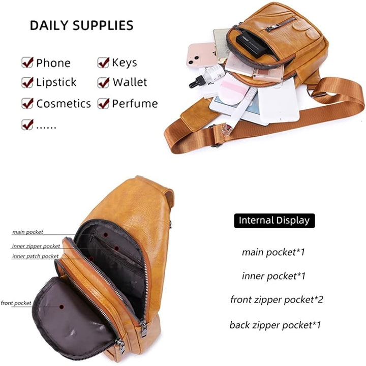 Leather Sling Bag Purse for Women Chest Crossbody Shoulder Bags Travel Daypack for Men and Women Brown Big Image 6