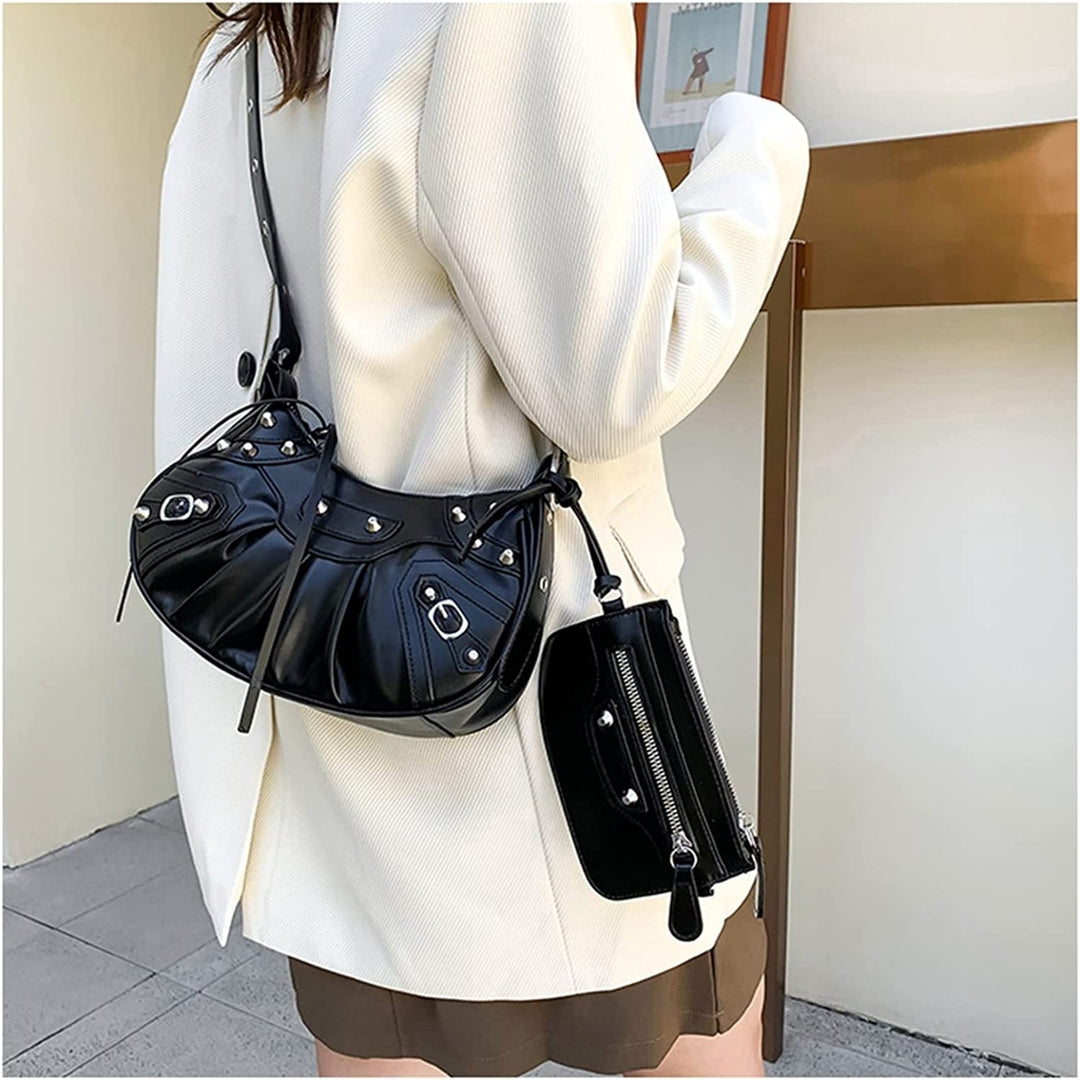 Women Punk Style Rivet Satchels Handbags PU Leather Shoulder Purse with Mini Purse Personality Vintage Crossbody Bag Image 4