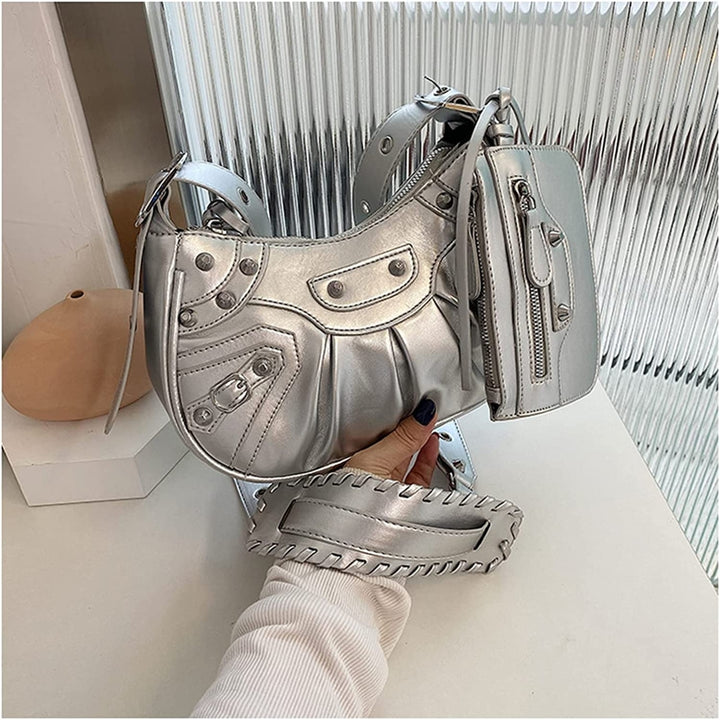 Women Punk Style Rivet Satchels Handbags PU Leather Shoulder Purse with Mini Purse Personality Vintage Crossbody Bag Image 6