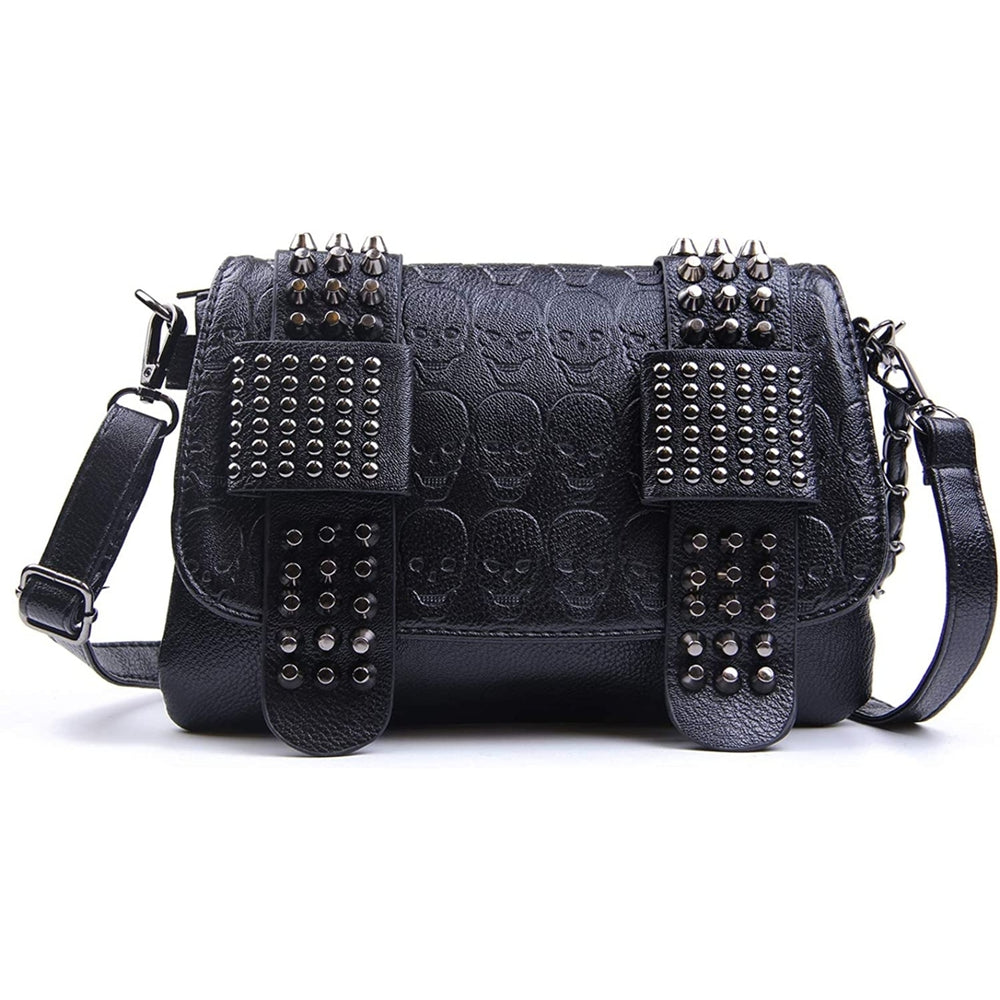 Womens Punk Skull Rivet Shoulder Bag PU Leather Goth Crossbody Bag with Chain Wallet Purse for Girls Image 2