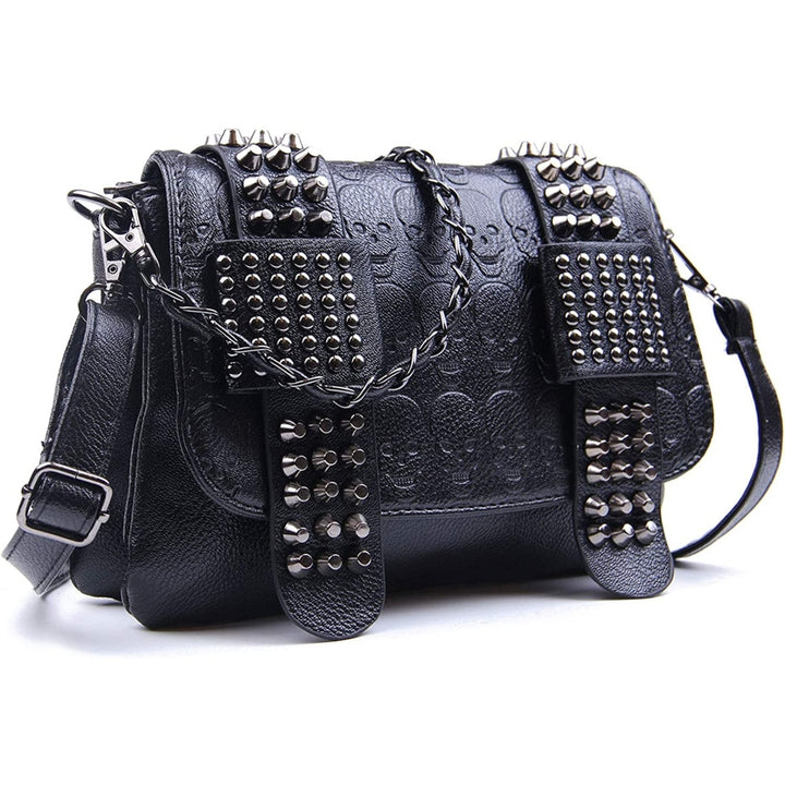 Womens Punk Skull Rivet Shoulder Bag PU Leather Goth Crossbody Bag with Chain Wallet Purse for Girls Image 4