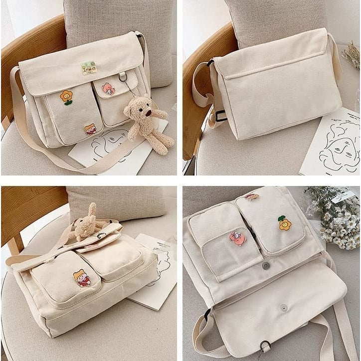Canvas Crossbody Bag Messenger Cute Bag with Pins and Pendant for Women Girls Casual Shoulder Aesthetic School bag Image 2