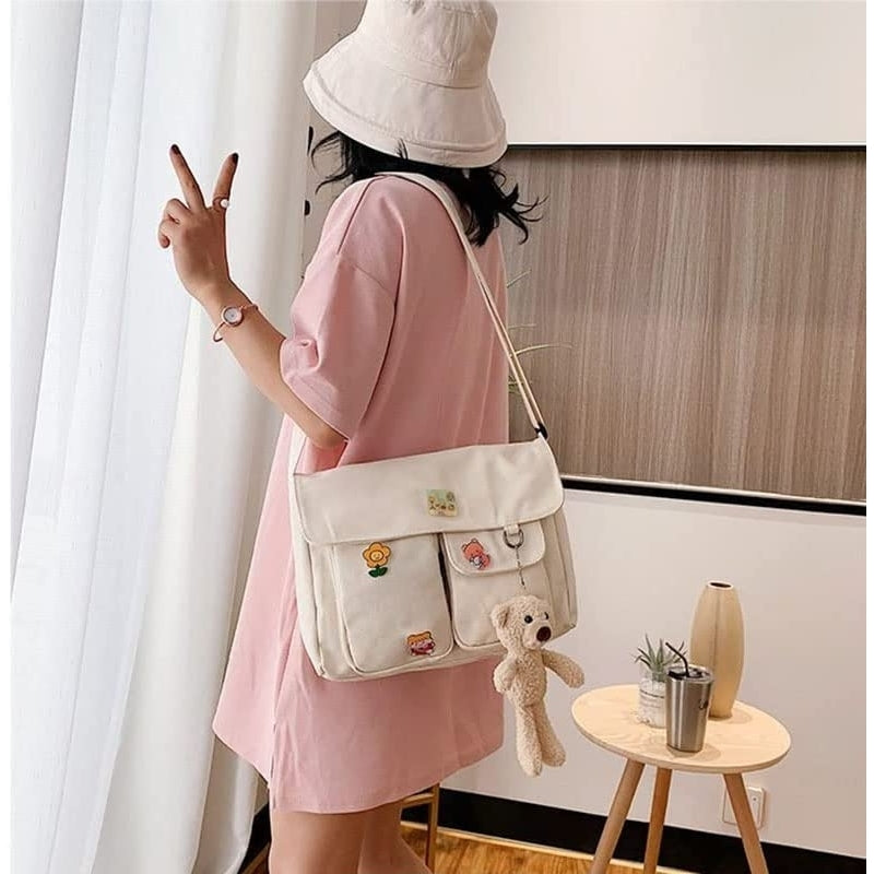 Canvas Crossbody Bag Messenger Cute Bag with Pins and Pendant for Women Girls Casual Shoulder Aesthetic School bag Image 4