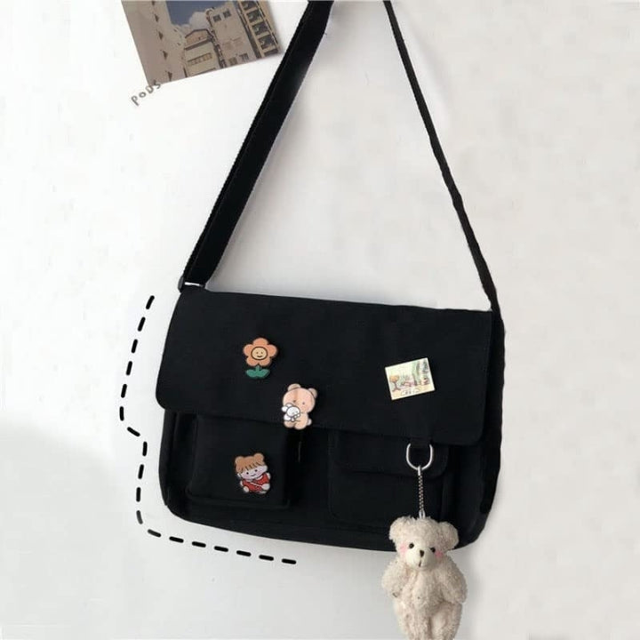 Canvas Crossbody Bag Messenger Cute Bag with Pins and Pendant for Women Girls Casual Shoulder Aesthetic School bag Image 7