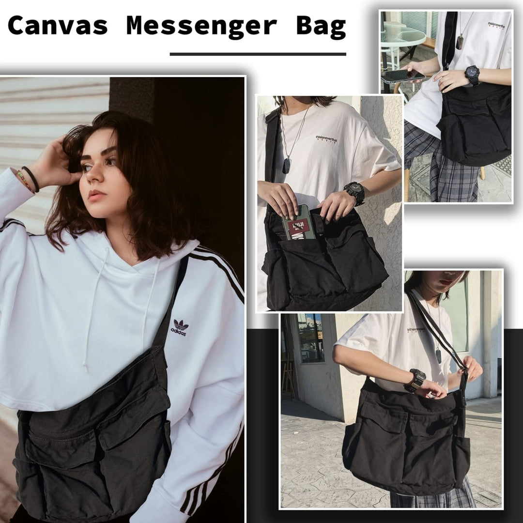 Canvas Messenger Bag Large Hobo Crossbody Bag with Multiple Pockets Casual Shoulder Tote Bag for Women and Men Image 9