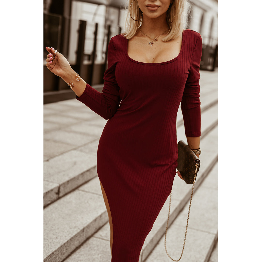Women's Burgundy Scoop Neck Long Sleeve Rib Knit Bodycon Dress with Split Image 1