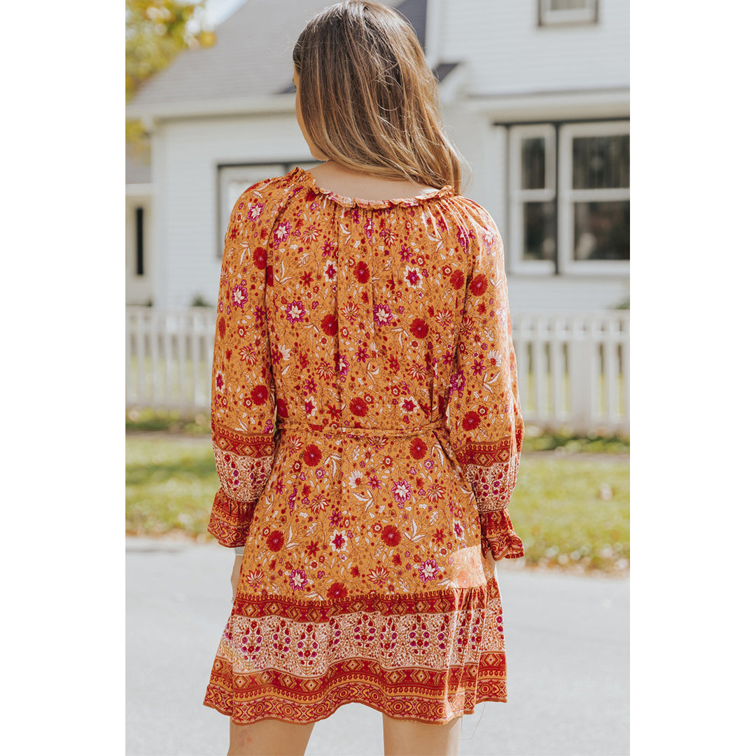 Women's Orange Floral Print Drawstring Long Sleeve Mini Dress Image 2