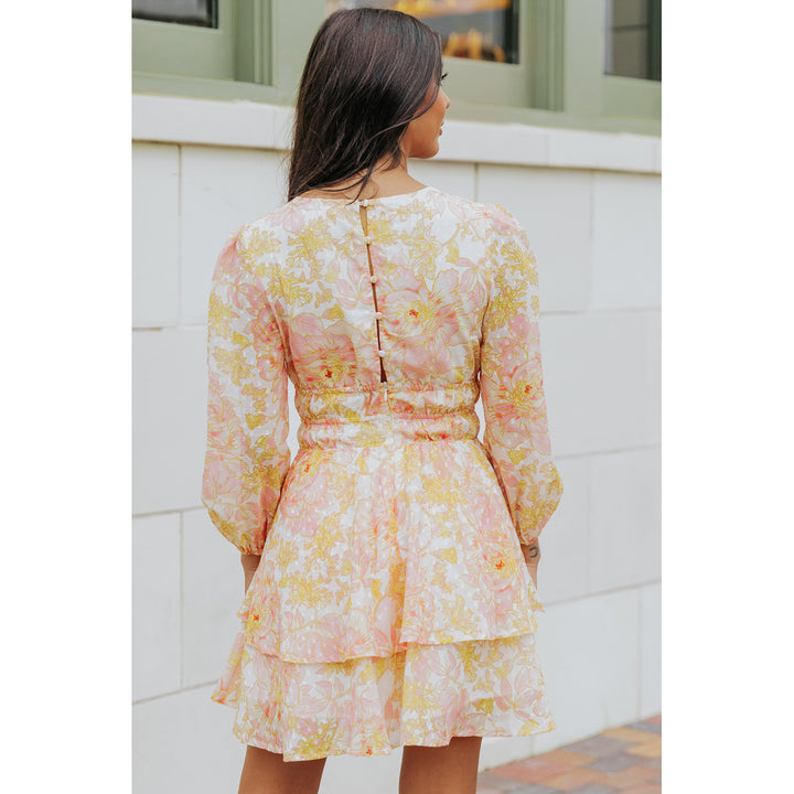 Women's Yellow V Neck Long Sleeve Tiered Floral Dress Image 1