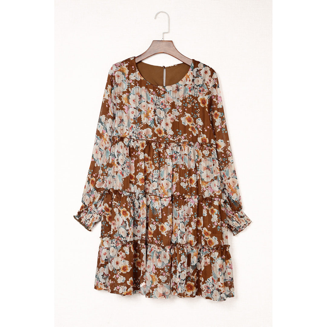 Women's Brown Tiered Ruffle Floral Dress Image 1