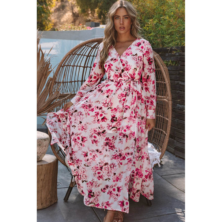 Womens Pink Wrap V Neck Floral Maxi Dress Image 1