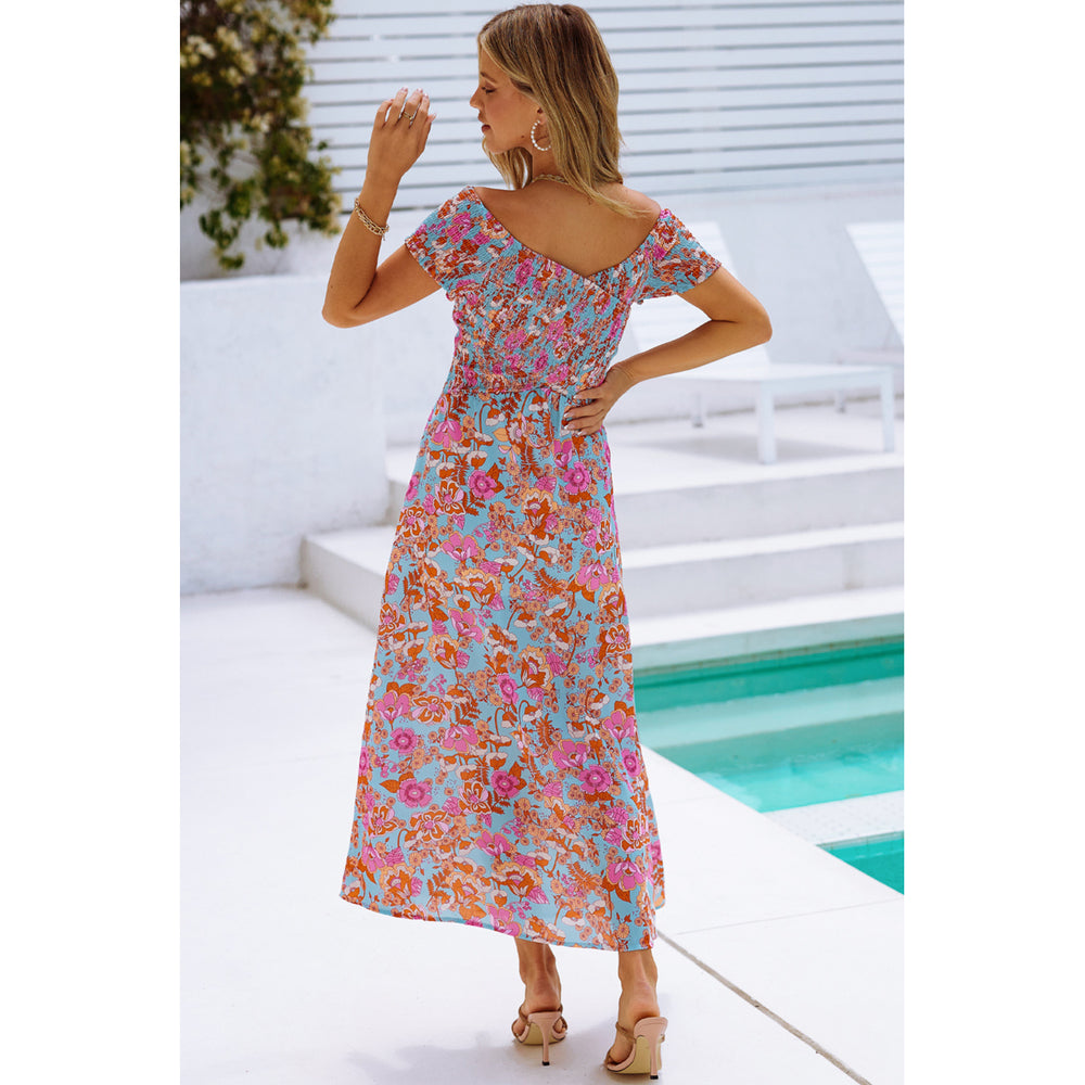 Women's Sky Blue Floral Print Shirred Side Slit Off Shoulder Maxi Dress Image 2