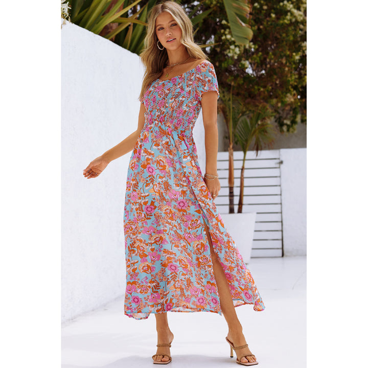 Women's Sky Blue Floral Print Shirred Side Slit Off Shoulder Maxi Dress Image 3