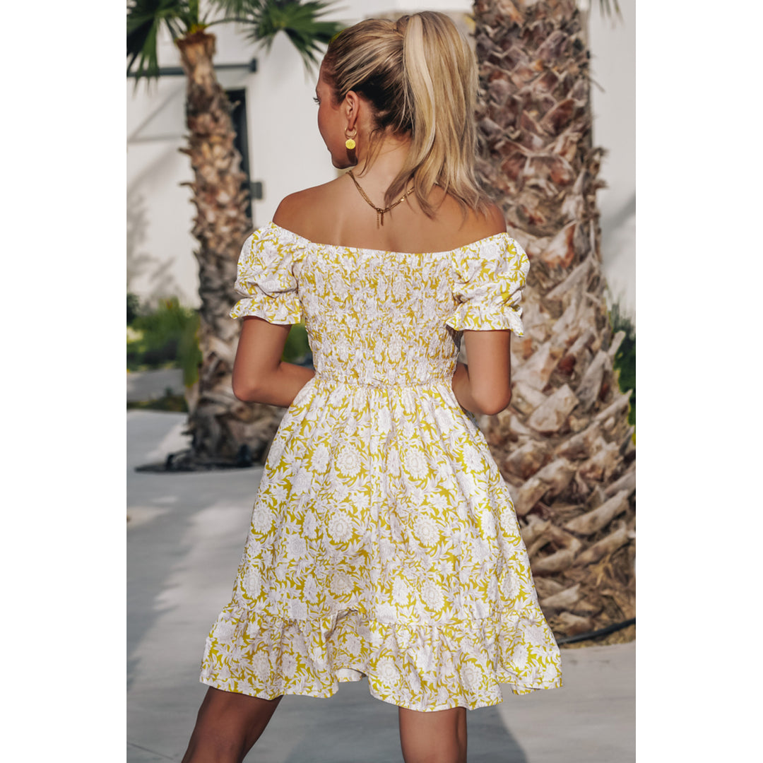 Women's Yellow Shirred Flounce Off Shoulder Floral Dress Image 1