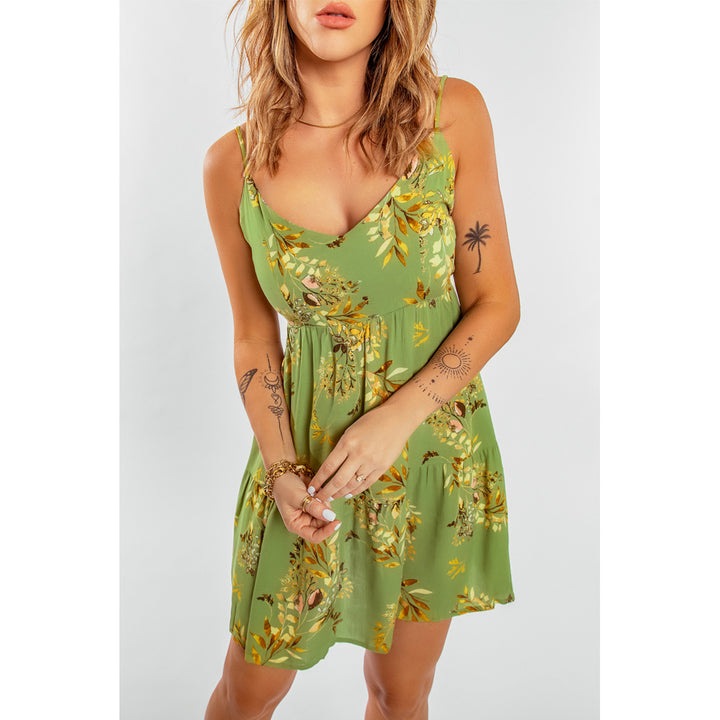 Women's Green Backless Tied Floral Pattern Spaghetti Straps Dress Image 1