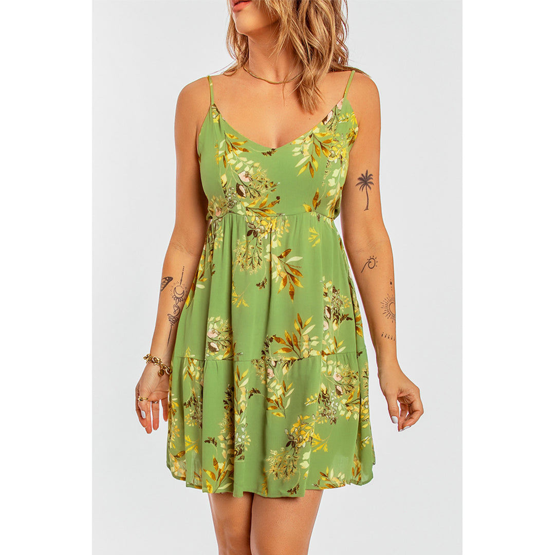 Women's Green Backless Tied Floral Pattern Spaghetti Straps Dress Image 3