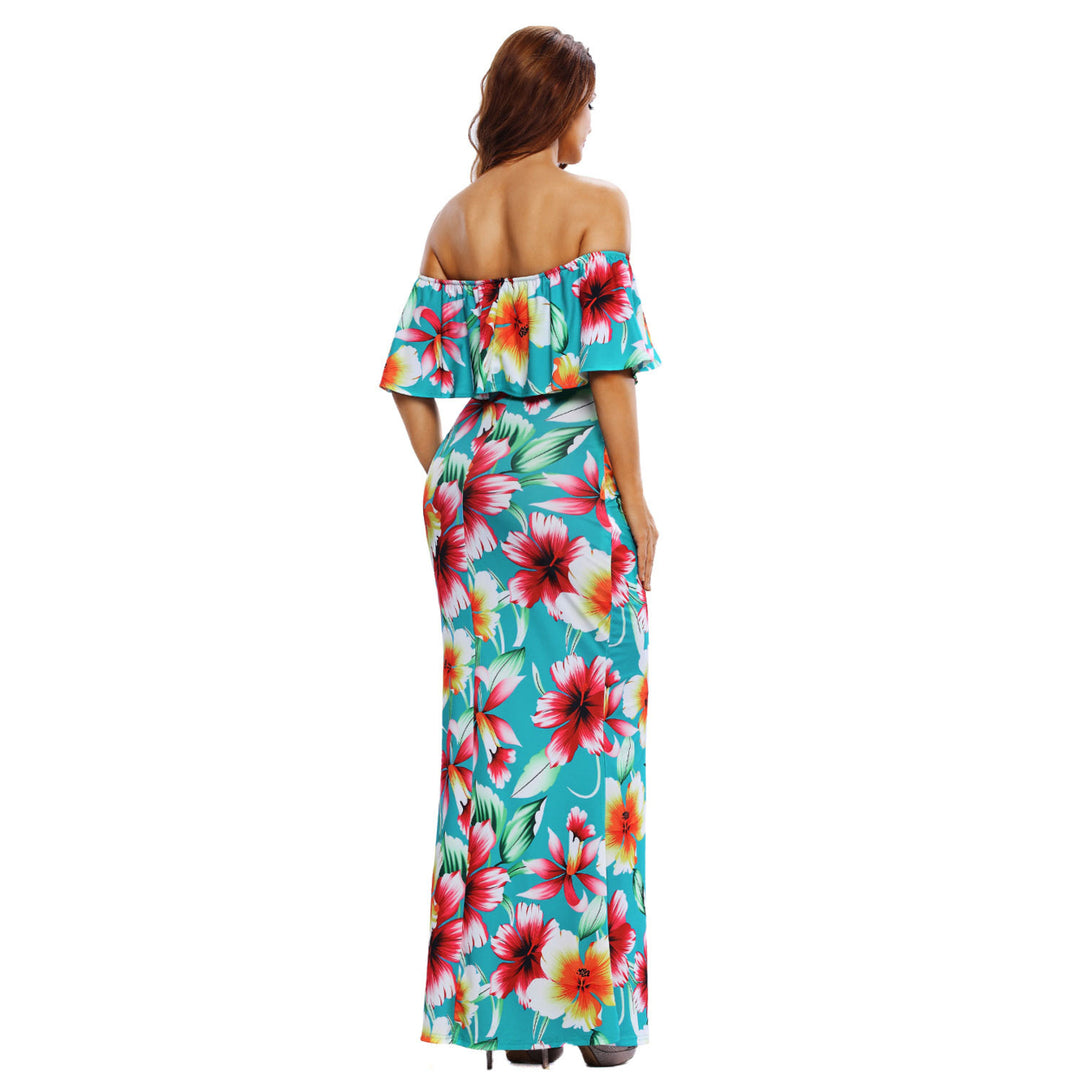 Women's Turquoise Roses Print Off-the-shoulder Maxi Dress Image 1
