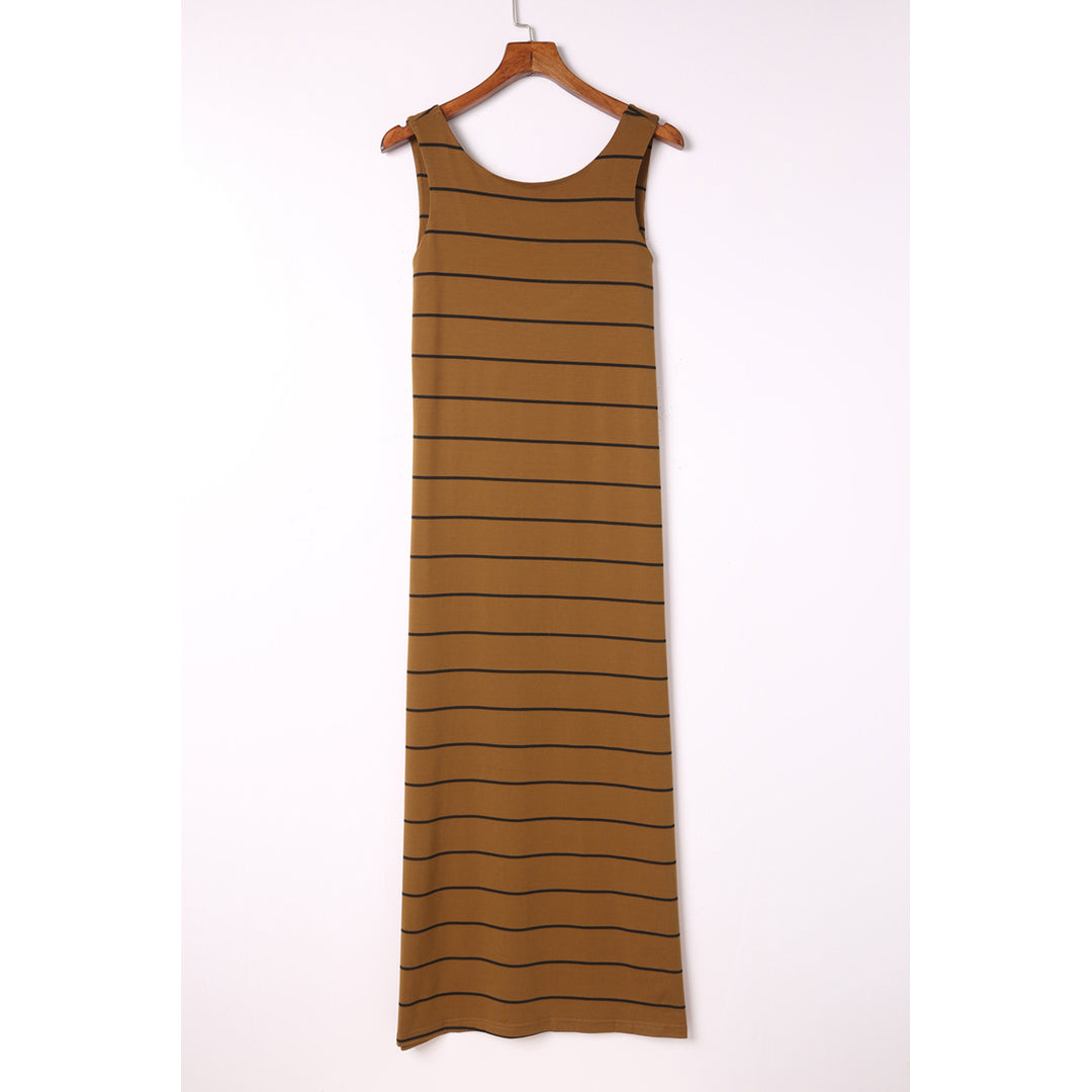 Womens Brown Stripe Print Open Back Sleeveless Maxi Dress with Slits Image 1