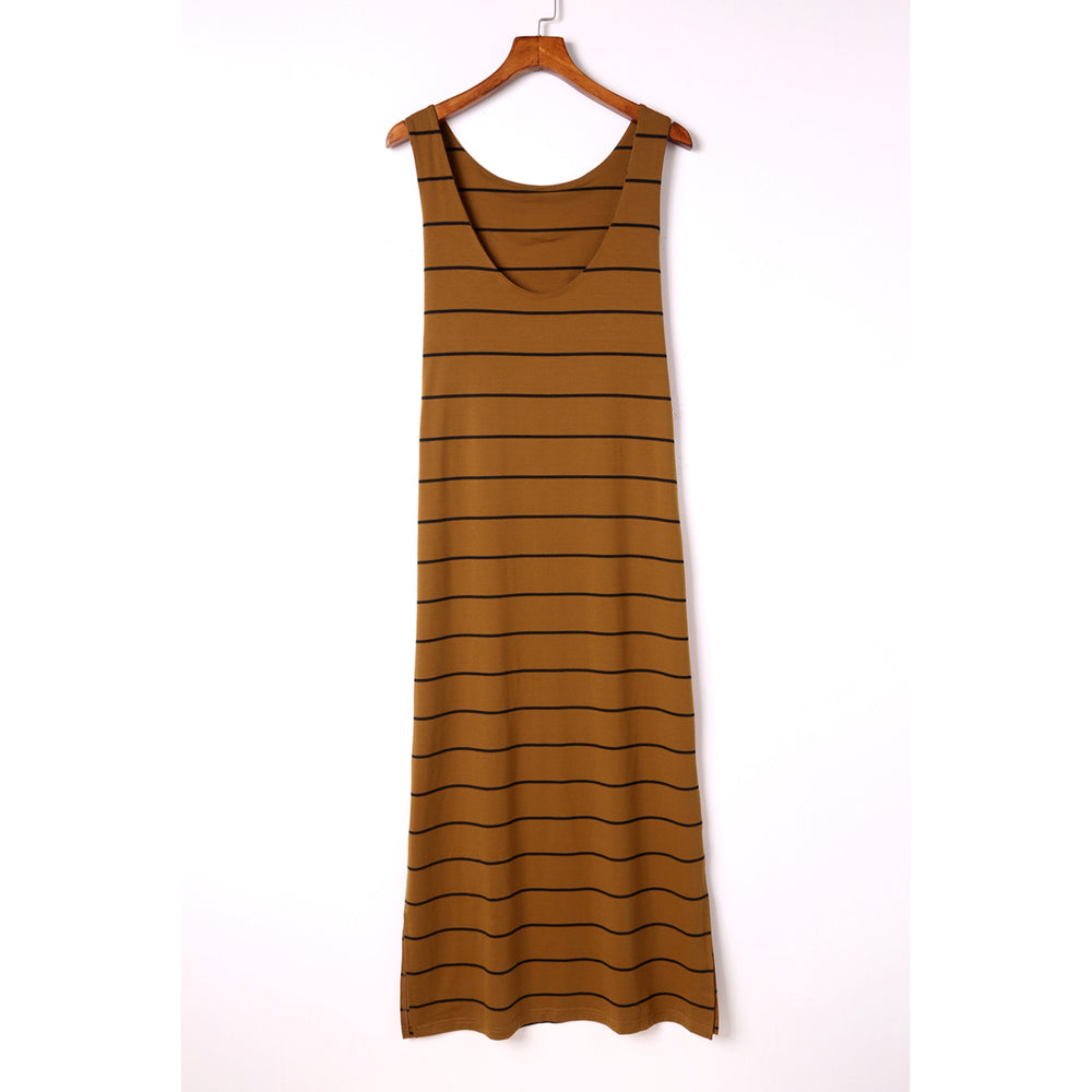 Womens Brown Stripe Print Open Back Sleeveless Maxi Dress with Slits Image 2
