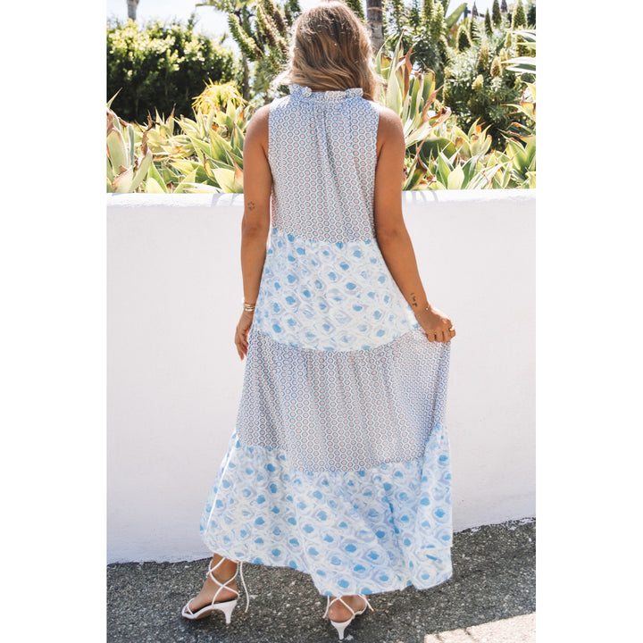 Women's Sky Blue Abstract Print Split Neck Sleeveless Maxi Dress Image 1