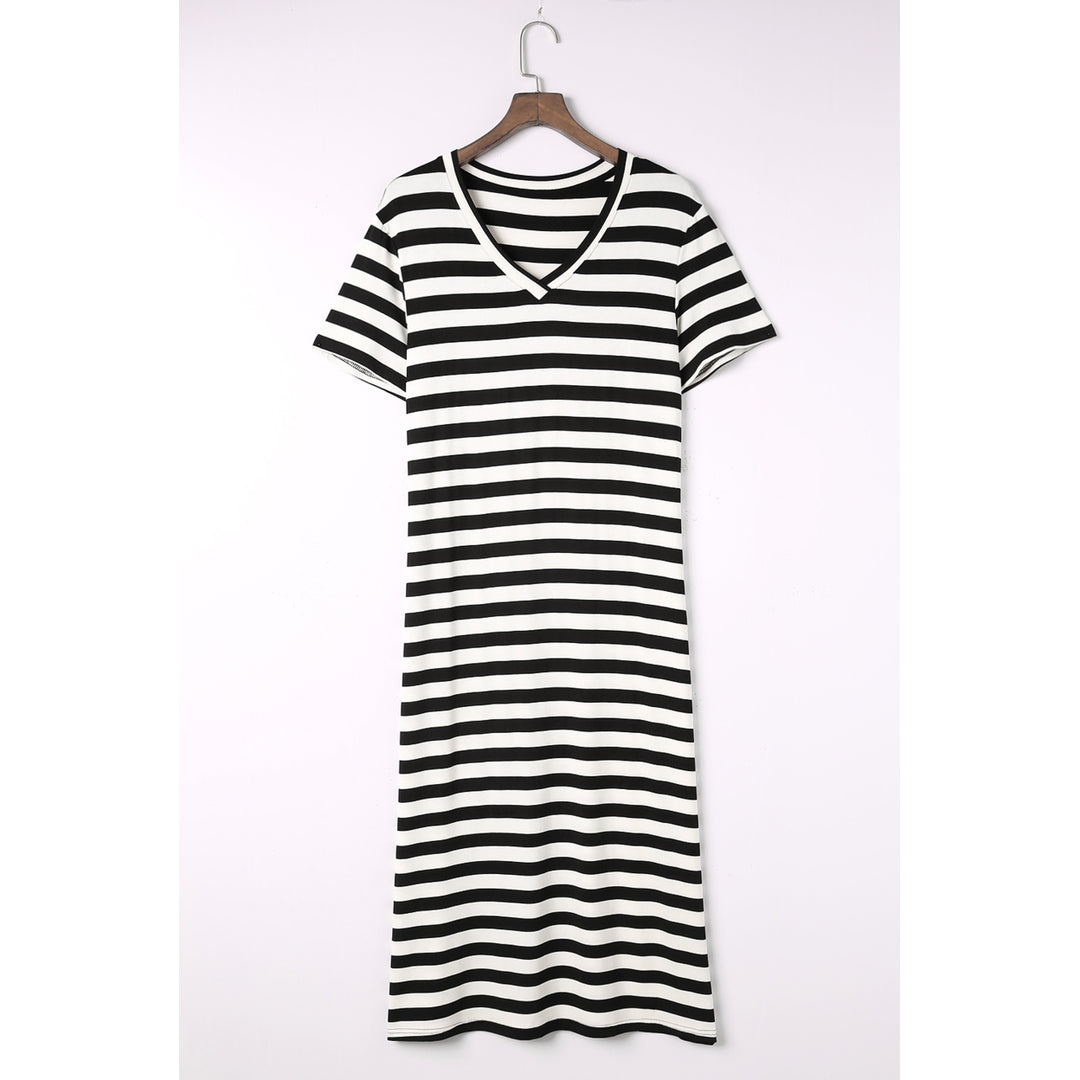 Women's Black Stripe Print V Neck Maxi Dress with Side Splits Image 1