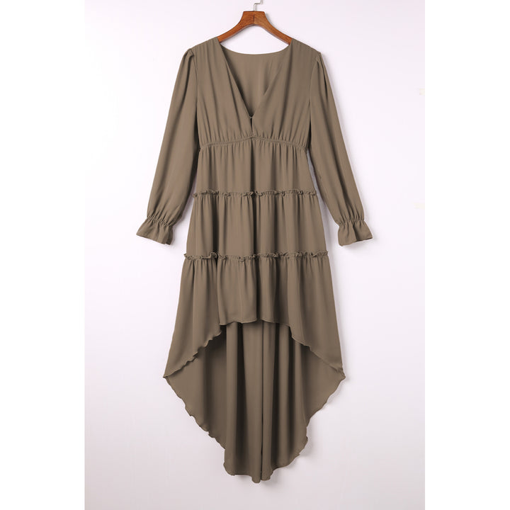 Womens Khaki Tiered Ruffled High Low Long Sleeve Dress Image 1