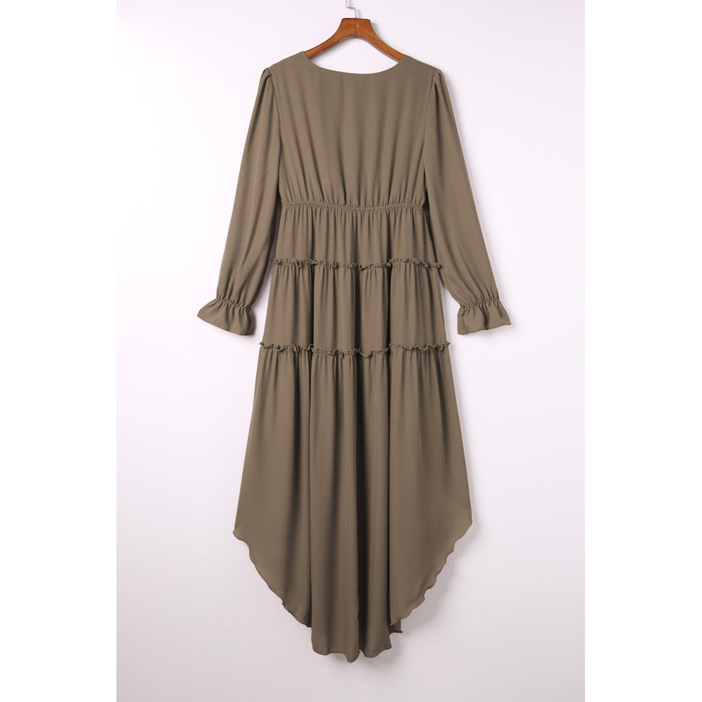 Womens Khaki Tiered Ruffled High Low Long Sleeve Dress Image 2