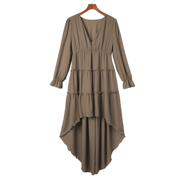 Womens Khaki Tiered Ruffled High Low Long Sleeve Dress Image 9