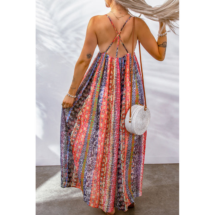 Women's Multicolor Sling V-Neck Backless Boho Maxi Dress Image 3