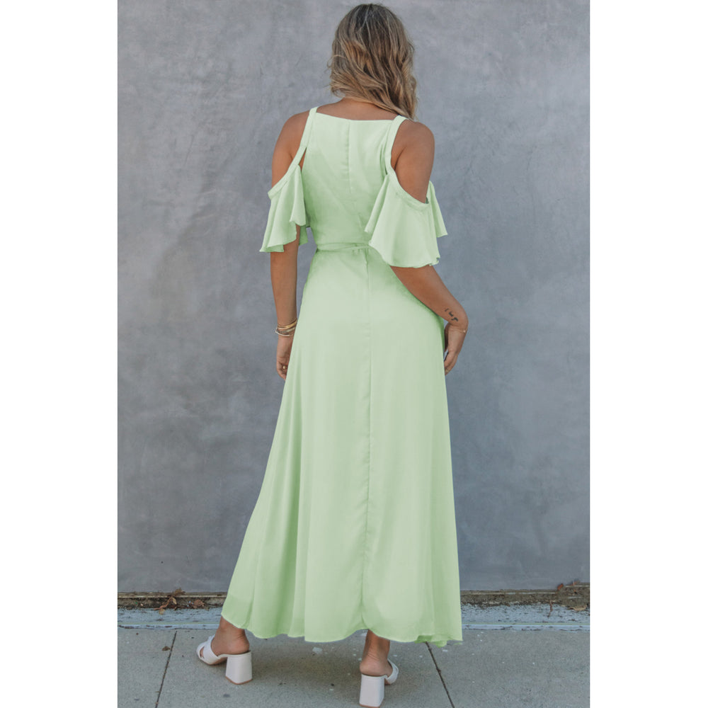 Womens Green Cold Shoulder Flutter Sleeves Maxi Dress Image 2