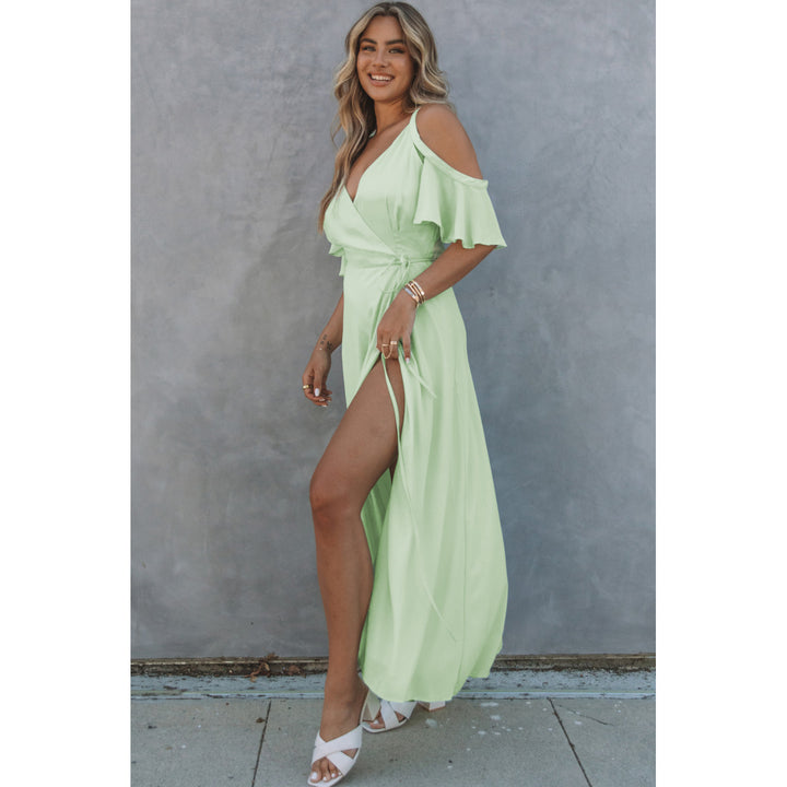Womens Green Cold Shoulder Flutter Sleeves Maxi Dress Image 1
