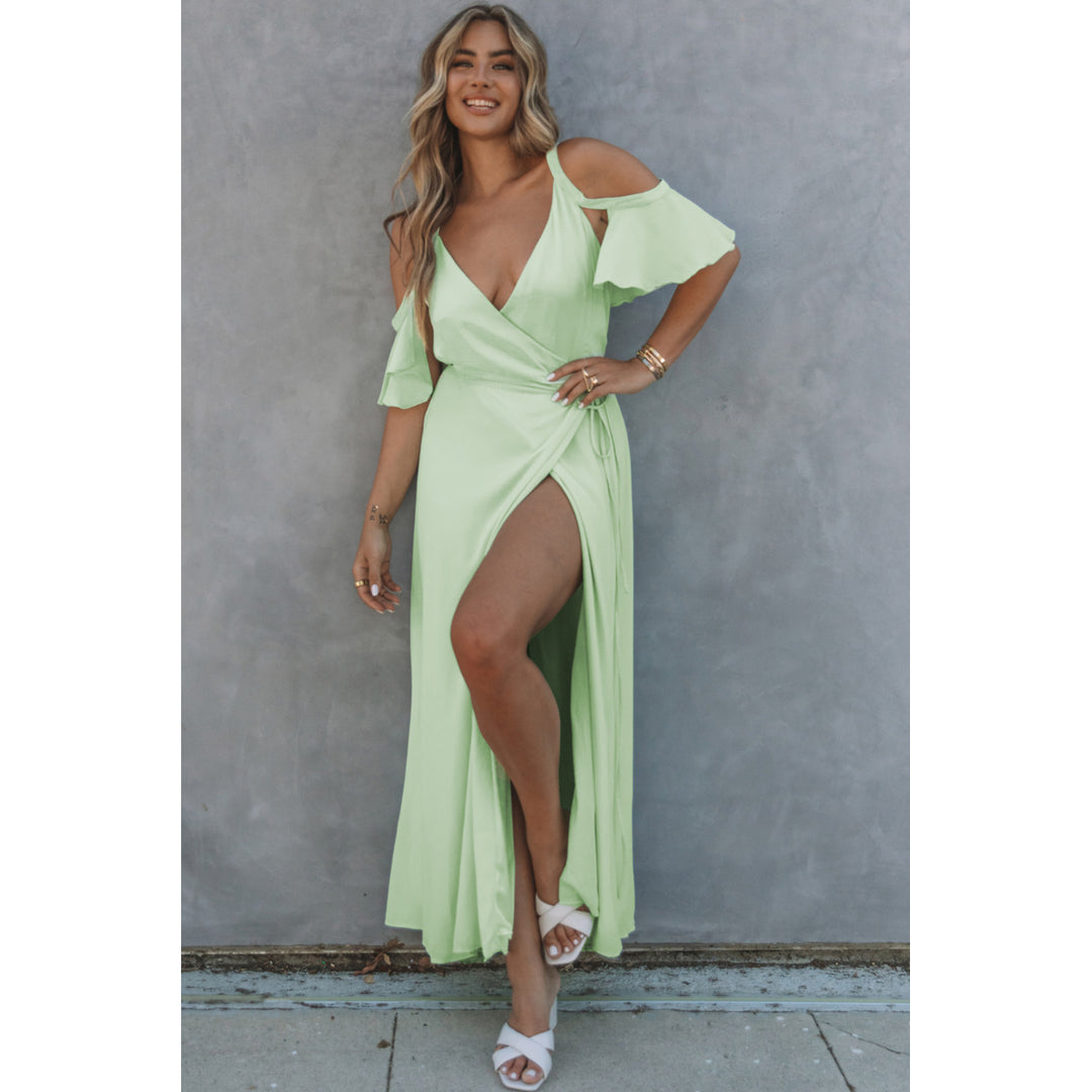 Womens Green Cold Shoulder Flutter Sleeves Maxi Dress Image 3