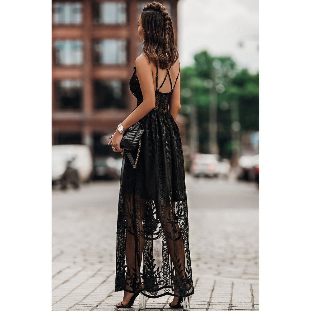 Womens Black Lace Crisscross Backless Maxi Dress Image 2