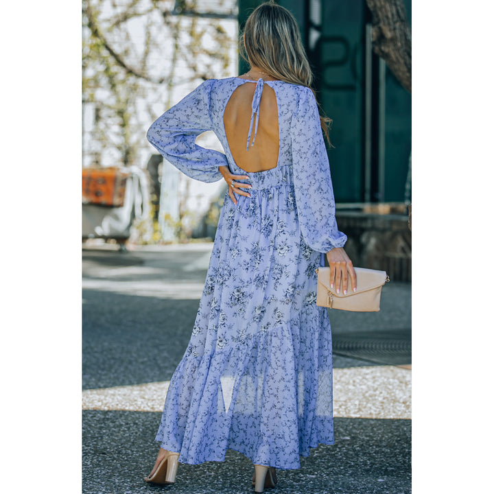 Women's Sky Blue Floral Print Bubble Sleeves Hollow-out Back Maxi Dress Image 1