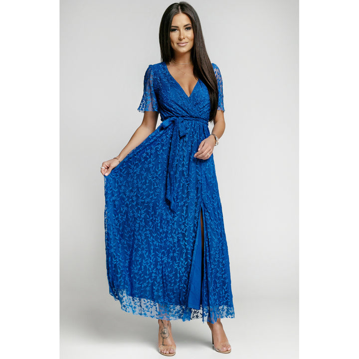 Womens Blue Embossed Wrap V Neck Maxi Dress Image 1