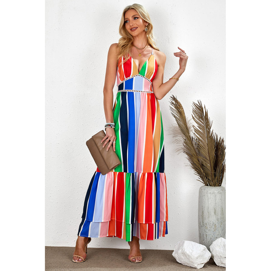 Womens Crochet Insert Multicolor Striped Maxi Dress Image 1