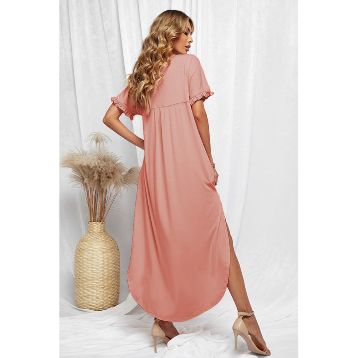 Women's Pink Loose Fit Cotton Blend V Neck Maxi Dress with Slits Image 1