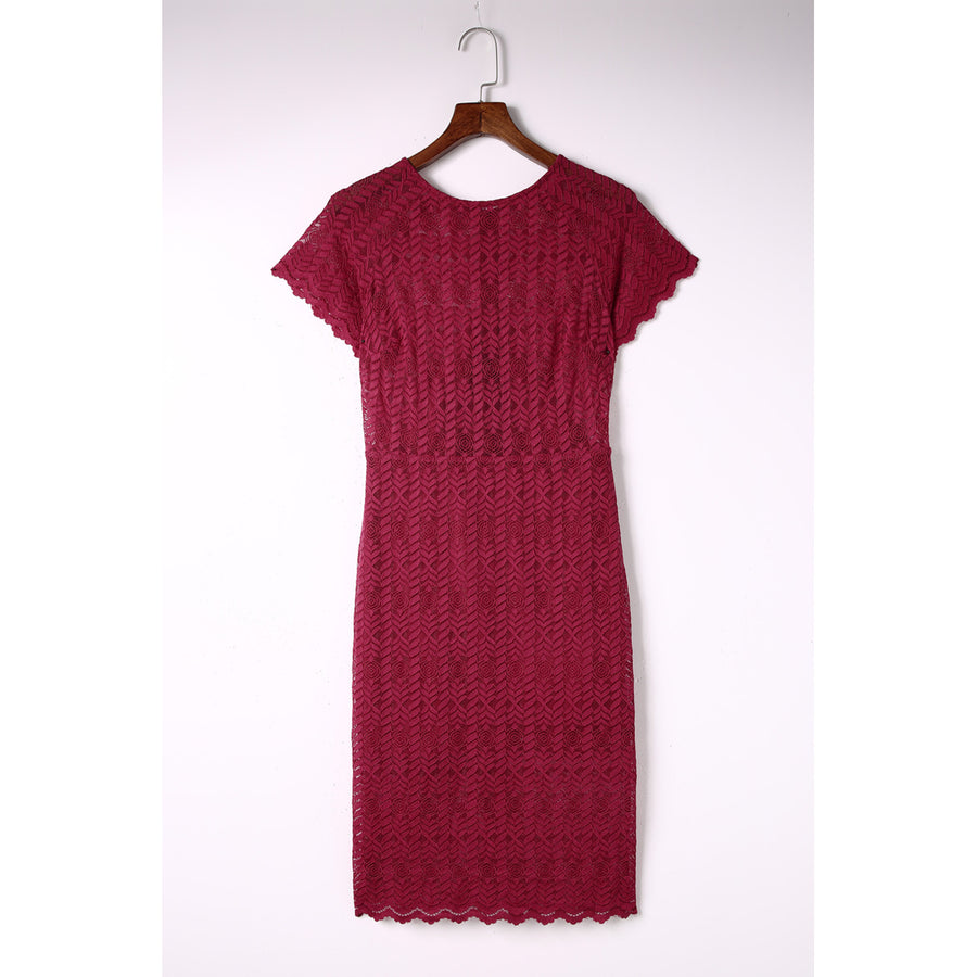 Womens Red Crochet Short Sleeves Lined Midi Dress Image 1