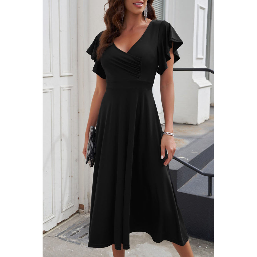 Womens Black Ruffled Sleeve Wrap V Neck Midi Dress Image 1