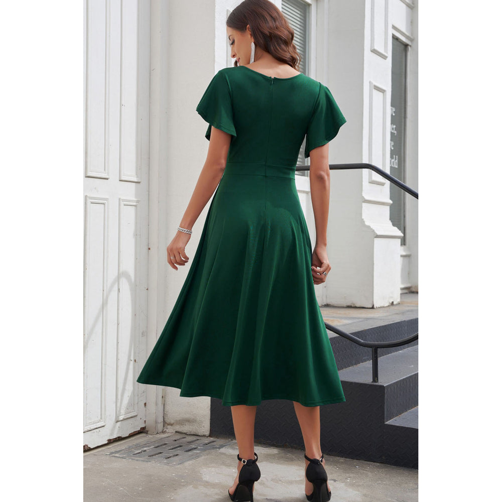 Womens Green Ruffled Sleeve Wrap V Neck Midi Dress Image 2