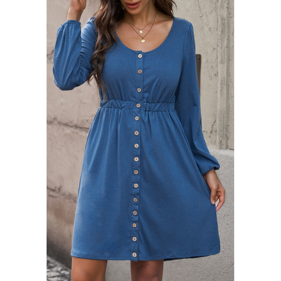 Womens Blue Button Up High Waist Long Sleeve Dress Image 1