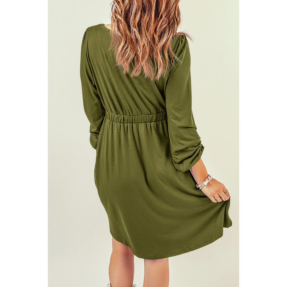 Womens Green Button Up High Waist Long Sleeve Dress Image 2