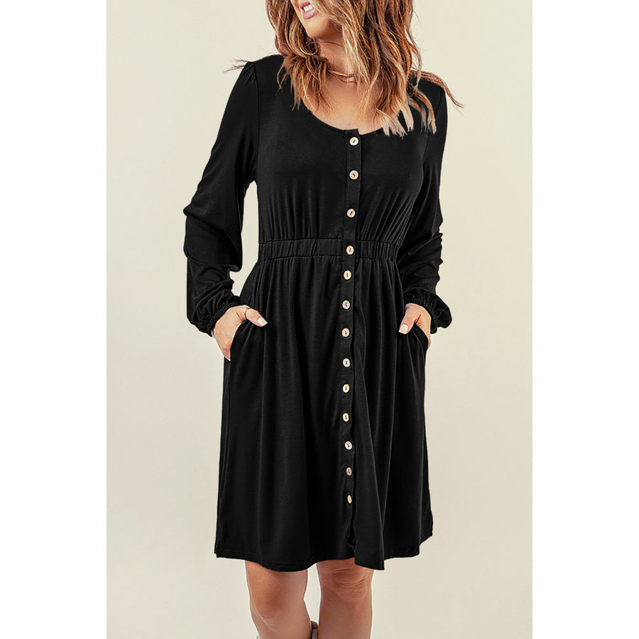 Womens Black Button Up High Waist Long Sleeve Dress Image 1