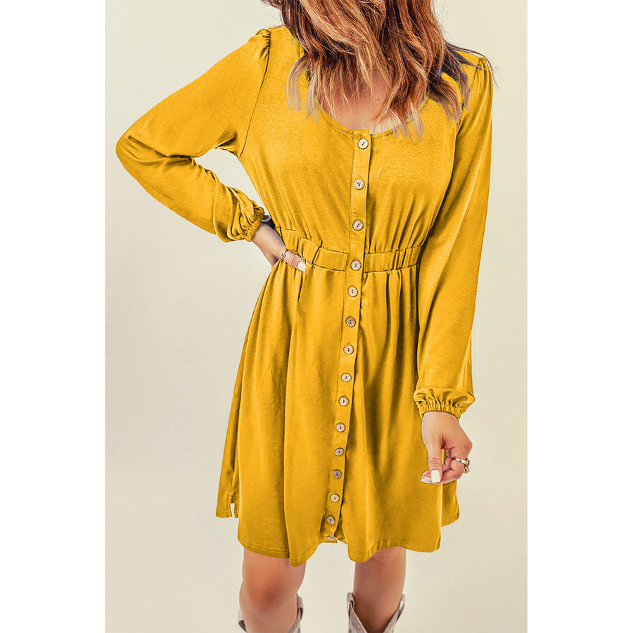 Womens Yellow Button Up High Waist Long Sleeve Dress Image 1