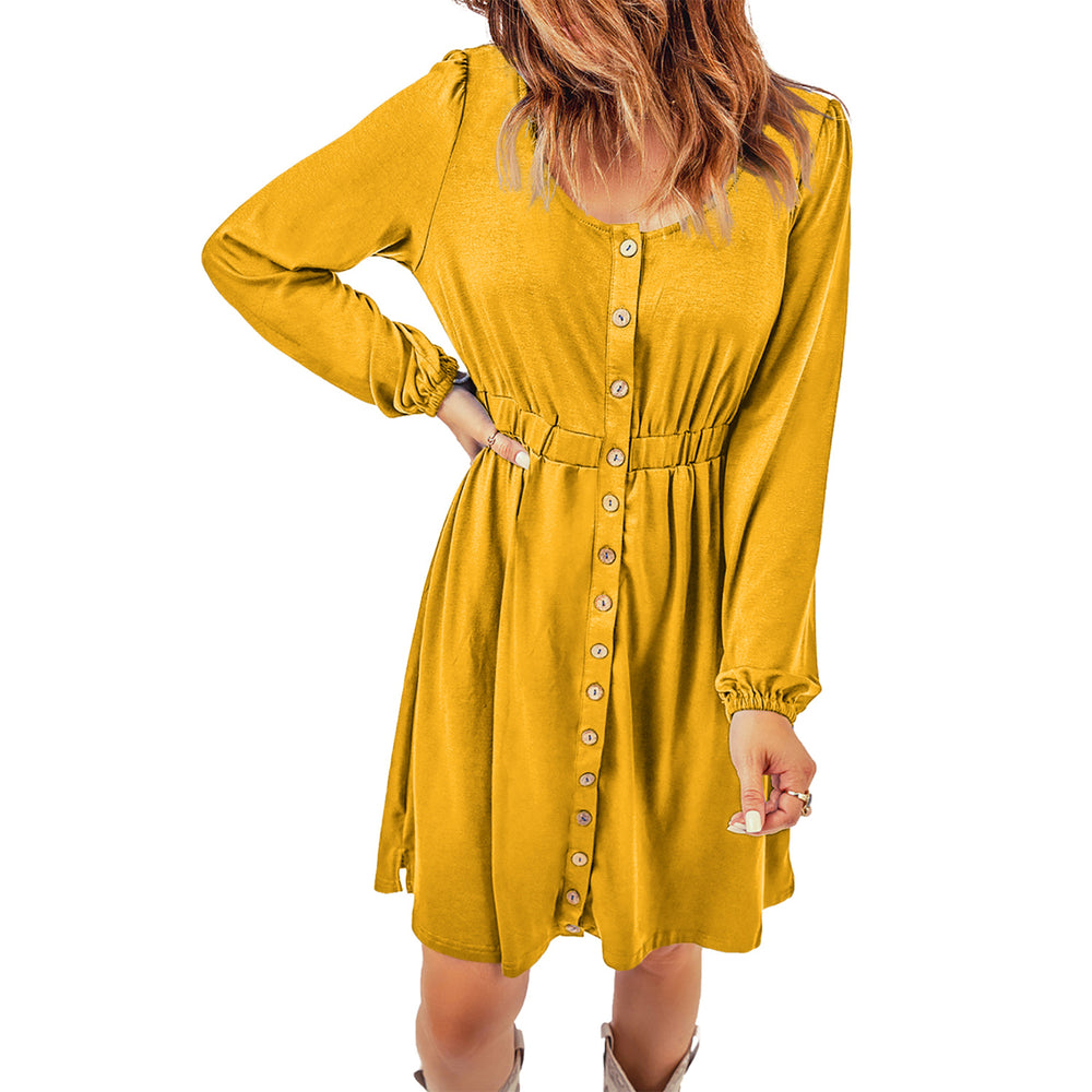 Womens Yellow Button Up High Waist Long Sleeve Dress Image 2